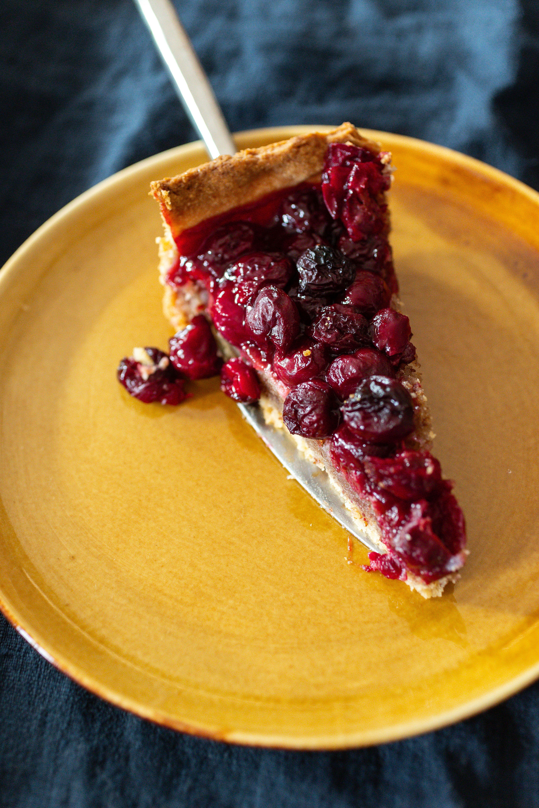 Sour cherry frangipane pie, sliced