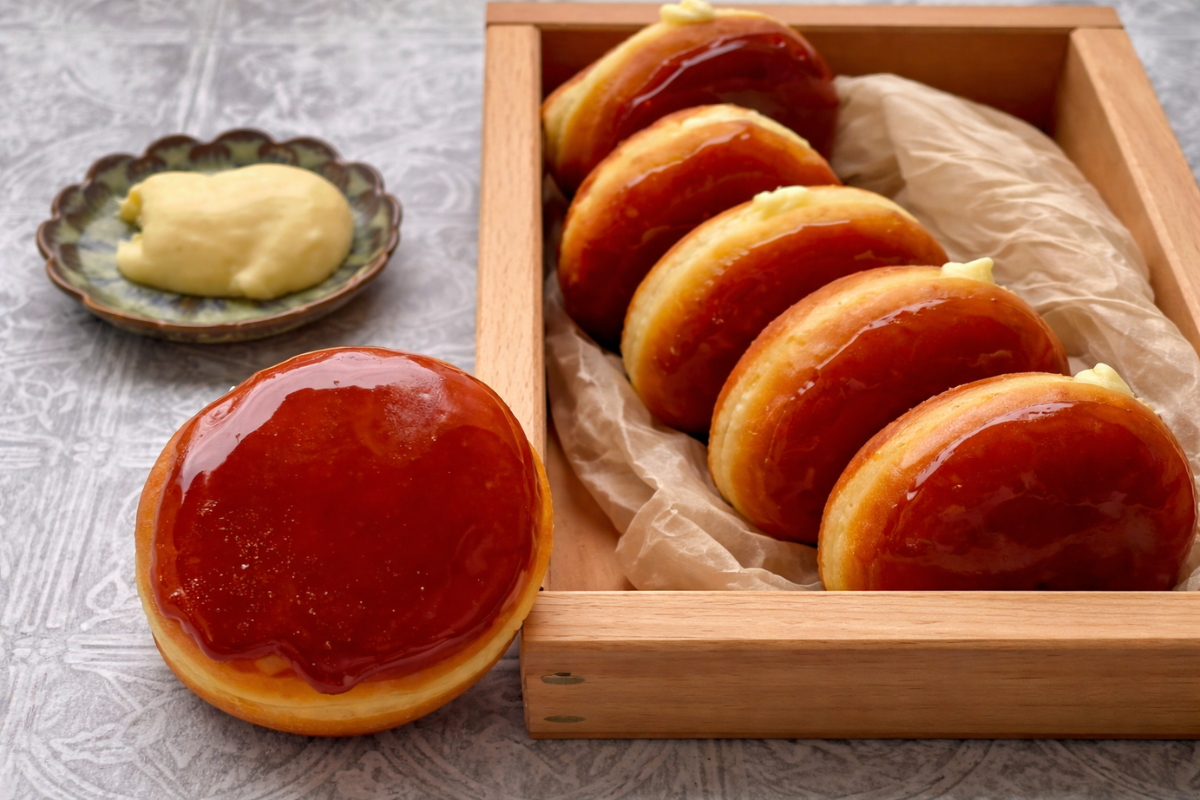 Vanilla cream doughnuts with Dobos caramel glaze
